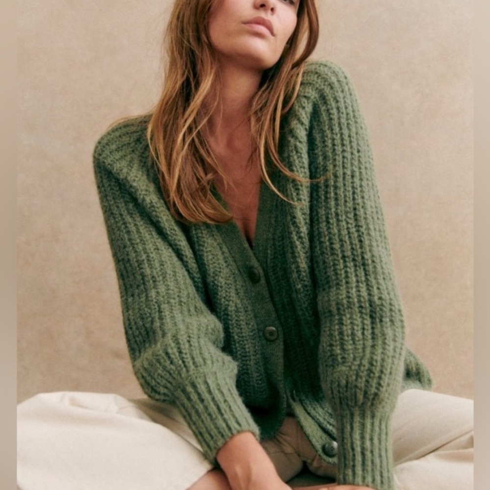 Sezane Green Ribbed Cardigan